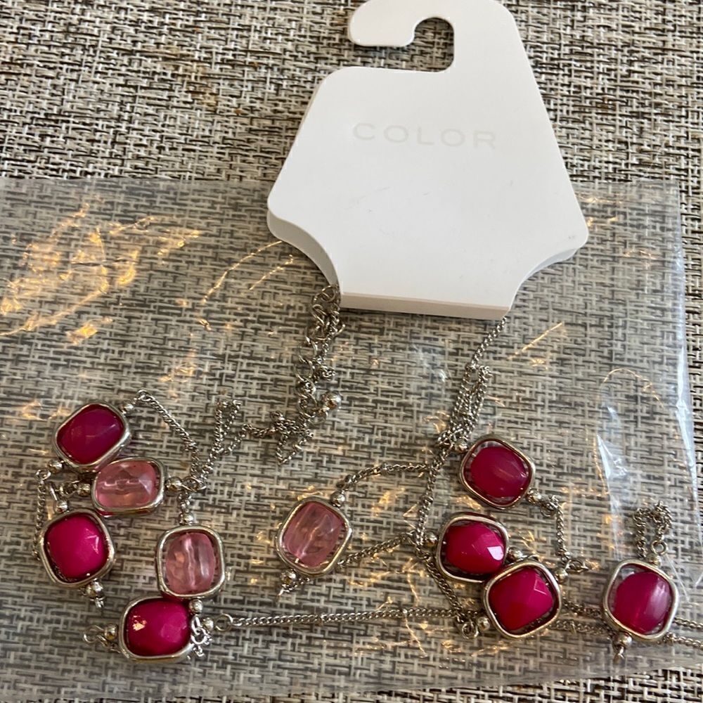 Colors long necklace silver color with pink stones NWT